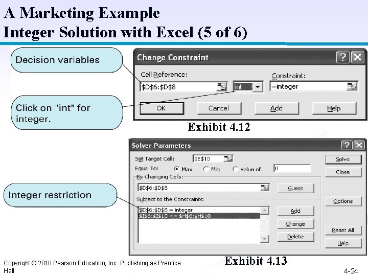 A Marketing Example Integer Solution with Excel (5 of 6) Exhibit 4. 12 Copyright