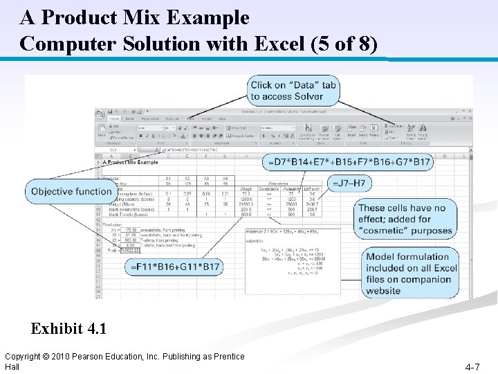 A Product Mix Example Computer Solution with Excel (5 of 8) Exhibit 4. 1