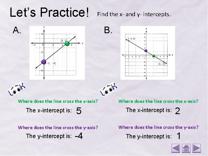 Let’s Practice! Find the x- and y- intercepts. A. B. Where does the line