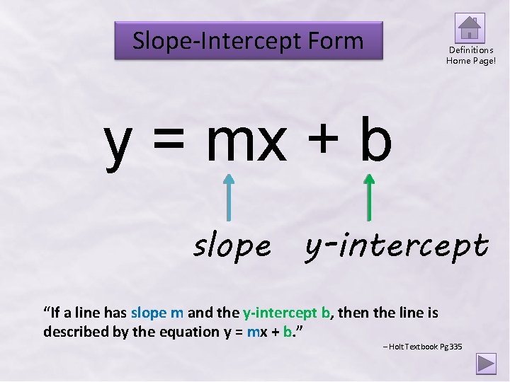 Slope-Intercept Form Definitions Home Page! y = mx + b slope y-intercept “If a