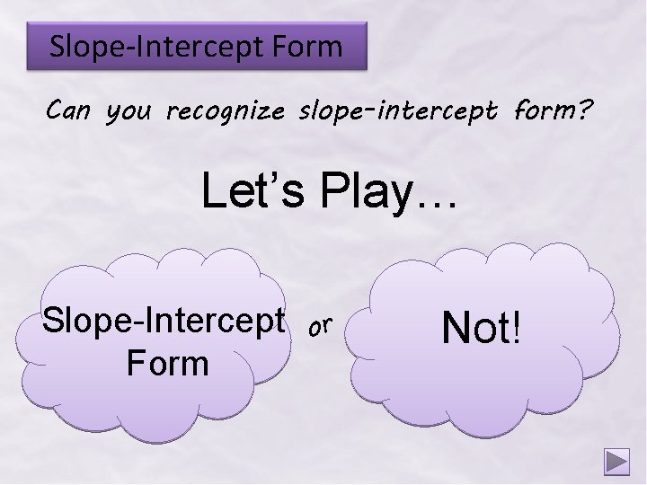 Slope-Intercept Form Can you recognize slope-intercept form? Let’s Play… Slope-Intercept Form or Not! 