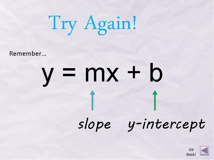 Try Again! Remember… y = mx + b slope y-intercept Go Back! 