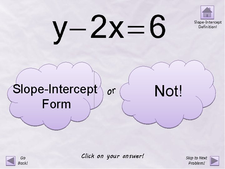 Slope-Intercept Definition! Slope-Intercept Form Go Back! or Click on your answer! Not! Skip to