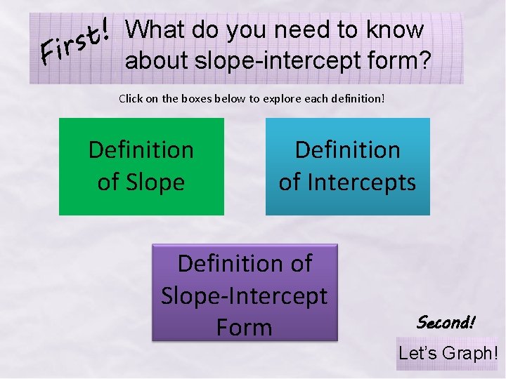 F What do you need to know ! t irs about slope-intercept form? Click