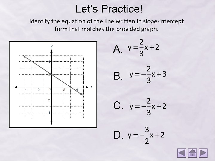 Let’s Practice! Identify the equation of the line written in slope-intercept form that matches