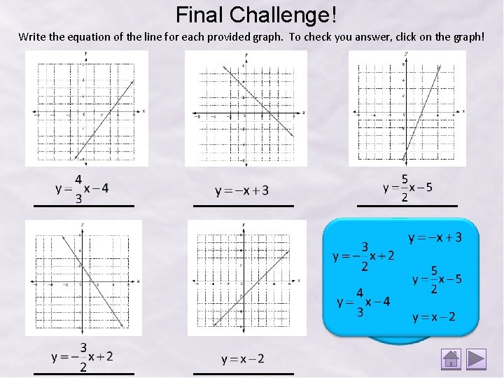 Final Challenge! Write the equation of the line for each provided graph. To check