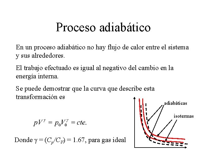 Proceso adiabático En un proceso adiabático no hay flujo de calor entre el sistema