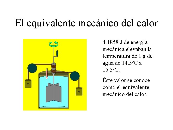 El equivalente mecánico del calor 4. 1858 J de energía mecánica elevaban la temperatura