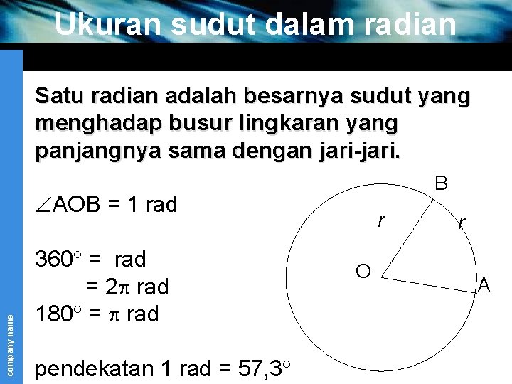 Ukuran sudut dalam radian Satu radian adalah besarnya sudut yang menghadap busur lingkaran yang