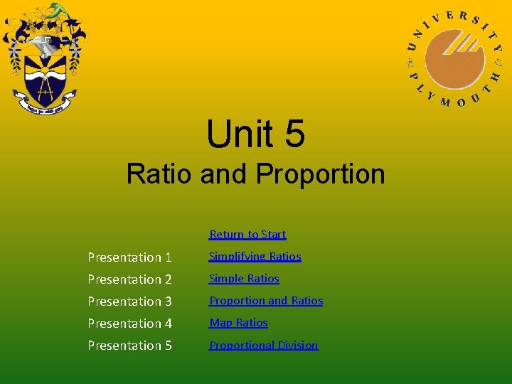 Unit 5 Ratio and Proportion Return to Start Presentation 1 Simplifying Ratios Presentation 2