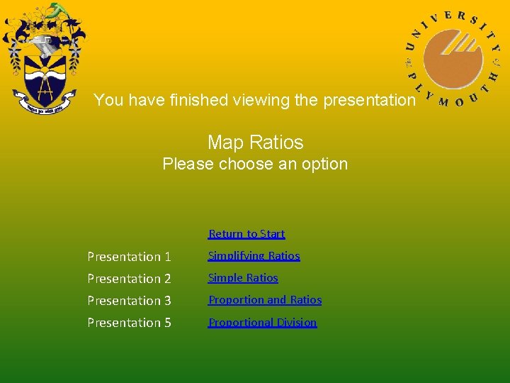 You have finished viewing the presentation Map Ratios Please choose an option Return to