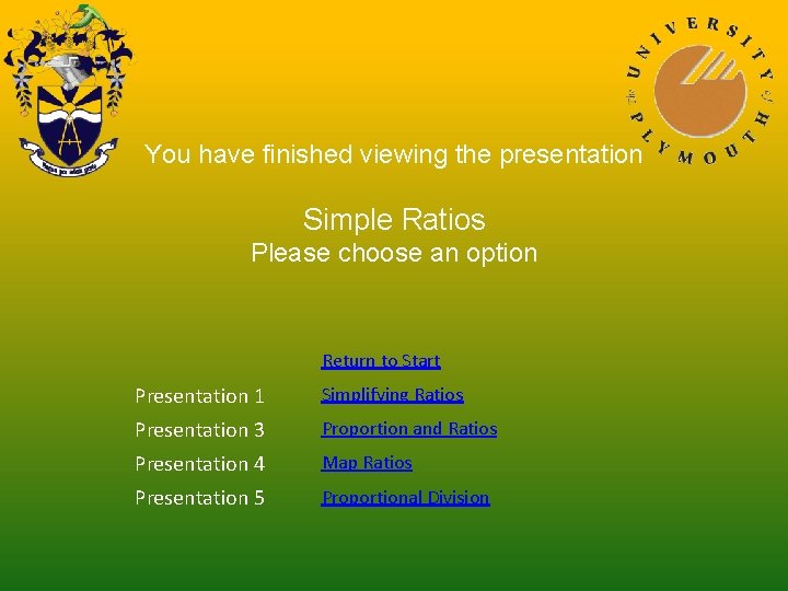 You have finished viewing the presentation Simple Ratios Please choose an option Return to