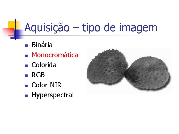 Aquisição – tipo de imagem n n n Binária Monocromática Colorida RGB Color-NIR Hyperspectral