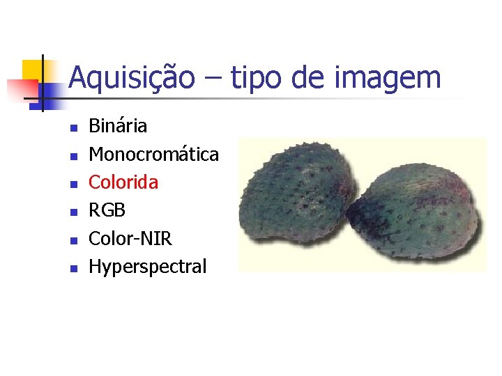 Aquisição – tipo de imagem n n n Binária Monocromática Colorida RGB Color-NIR Hyperspectral