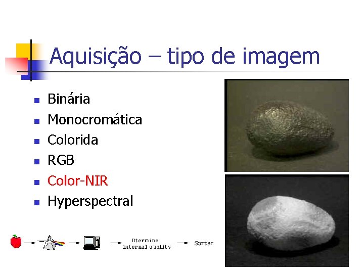 Aquisição – tipo de imagem n n n Binária Monocromática Colorida RGB Color-NIR Hyperspectral