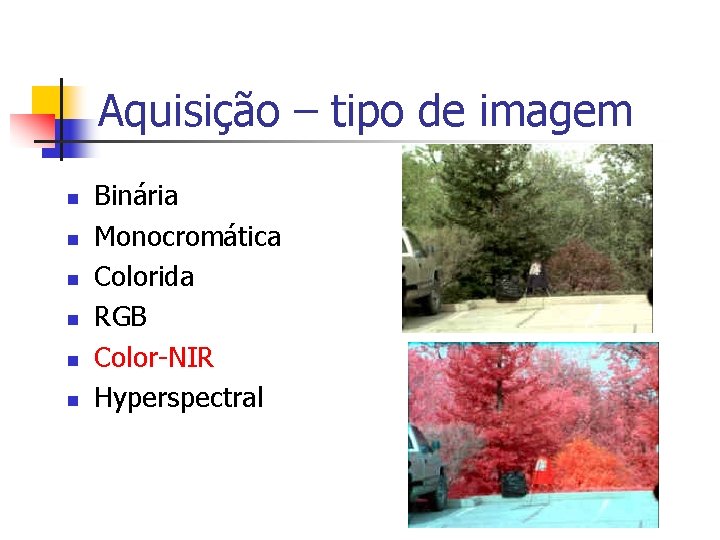 Aquisição – tipo de imagem n n n Binária Monocromática Colorida RGB Color-NIR Hyperspectral