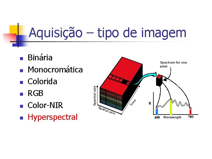 Aquisição – tipo de imagem n n n Binária Monocromática Colorida RGB Color-NIR Hyperspectral