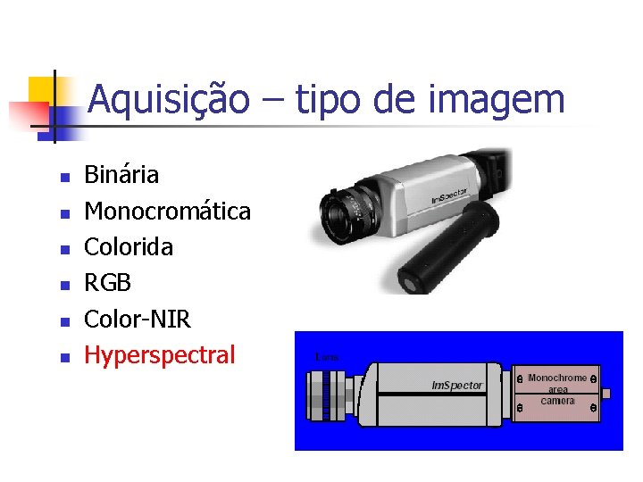 Aquisição – tipo de imagem n n n Binária Monocromática Colorida RGB Color-NIR Hyperspectral