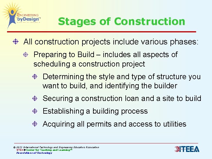 Stages of Construction All construction projects include various phases: Preparing to Build – includes Stages of Construction All construction projects include various phases: Preparing to Build – includes