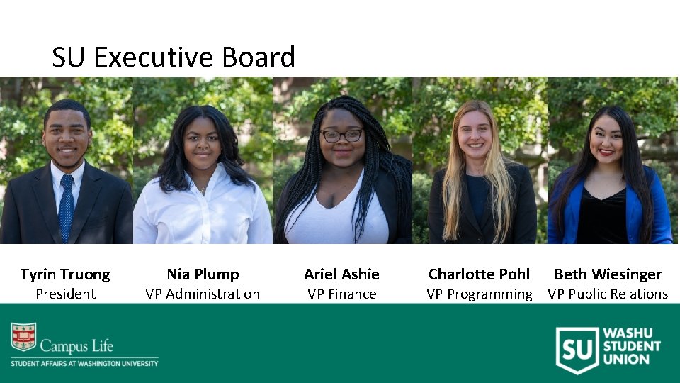 SU Executive Board Tyrin Truong President Nia Plump VP Administration Ariel Ashie VP Finance