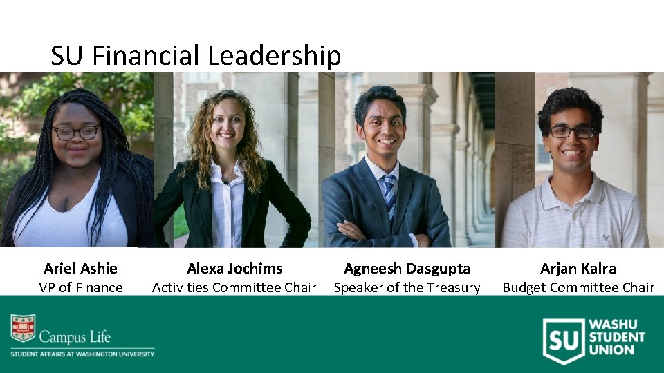 SU Financial Leadership Ariel Ashie VP of Finance Alexa Jochims Activities Committee Chair Agneesh