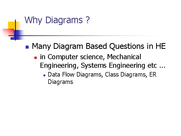 Why Diagrams ? n Many Diagram Based Questions in HE n in Computer science,