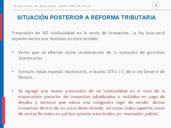 MINISTERIO DE HACIENDA. GOBIERNO DE CHILE SITUACIÓN POSTERIOR A REFORMA TRIBUTARIA Presunción de NO MINISTERIO DE HACIENDA. GOBIERNO DE CHILE SITUACIÓN POSTERIOR A REFORMA TRIBUTARIA Presunción de NO