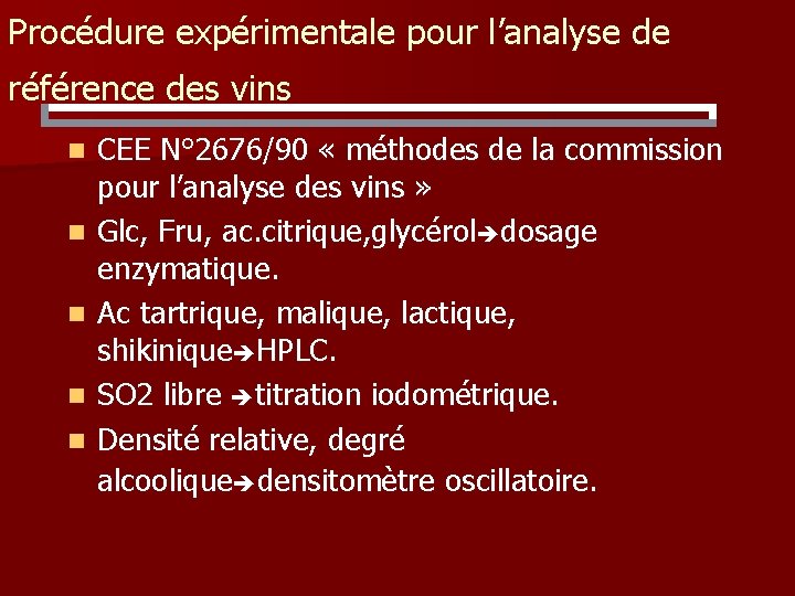 Procédure expérimentale pour l’analyse de référence des vins n n n CEE N° 2676/90