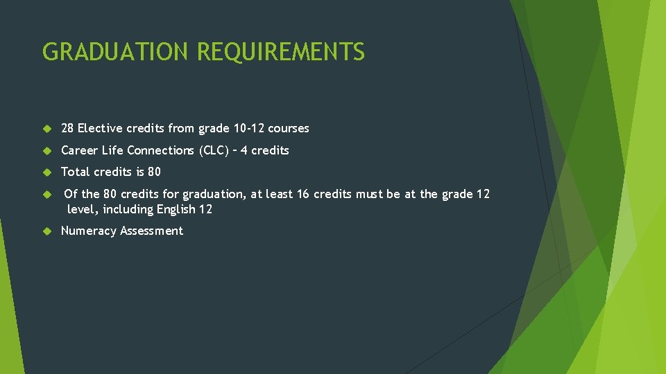GRADUATION REQUIREMENTS 28 Elective credits from grade 10 -12 courses Career Life Connections (CLC)