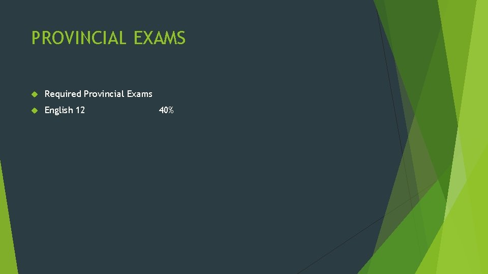PROVINCIAL EXAMS Required Provincial Exams English 12 40% 