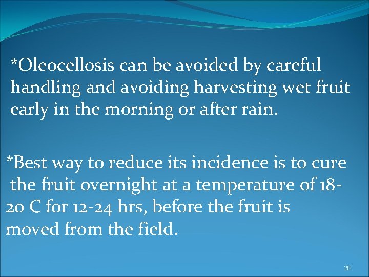 *Oleocellosis can be avoided by careful handling and avoiding harvesting wet fruit early in