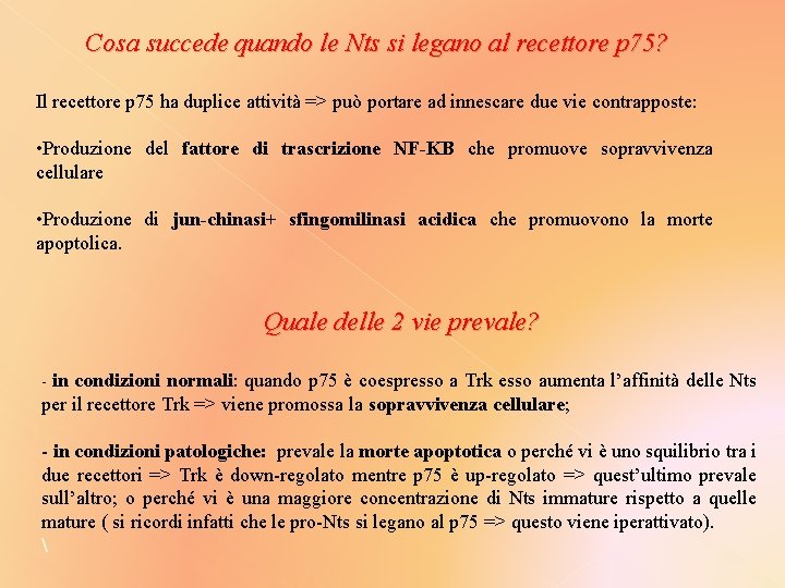 Cosa succede quando le Nts si legano al recettore p 75? Il recettore p