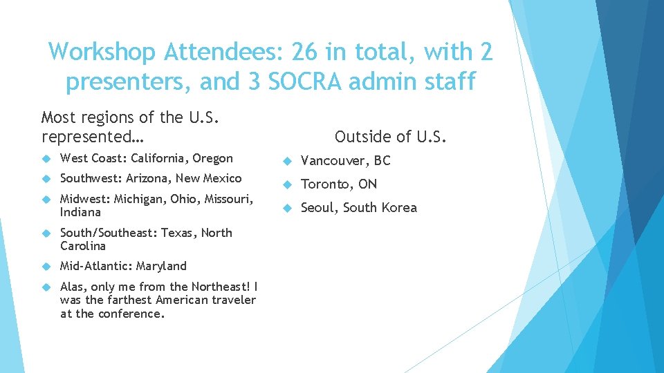 Workshop Attendees: 26 in total, with 2 presenters, and 3 SOCRA admin staff Most