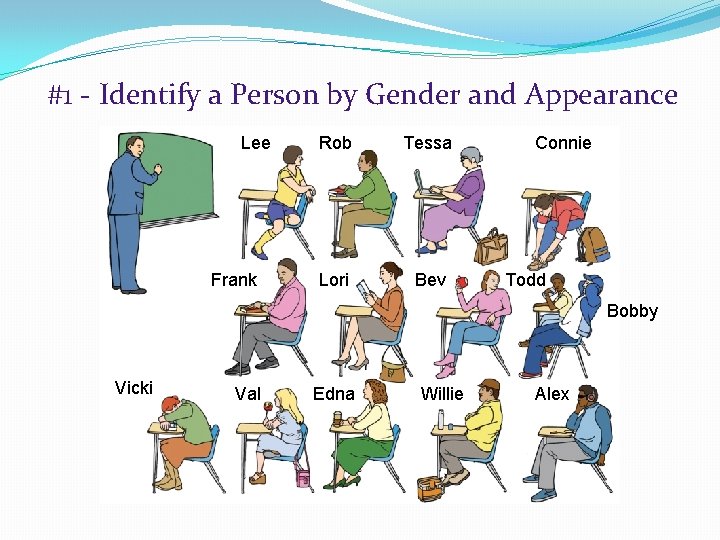 #1 - Identify a Person by Gender and Appearance Lee Frank Rob Tessa Lori