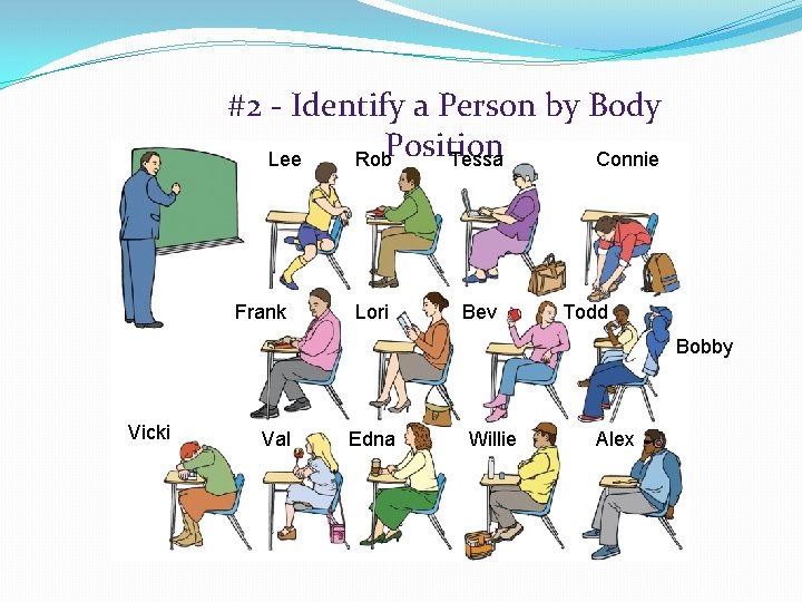 #2 - Identify a Person by Body Position Lee Rob Tessa Connie Frank Lori