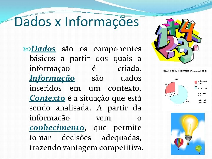 Dados x Informações Dados são os componentes básicos a partir dos quais a informação