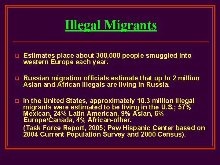 Illegal Migrants q Estimates place about 300, 000 people smuggled into western Europe each