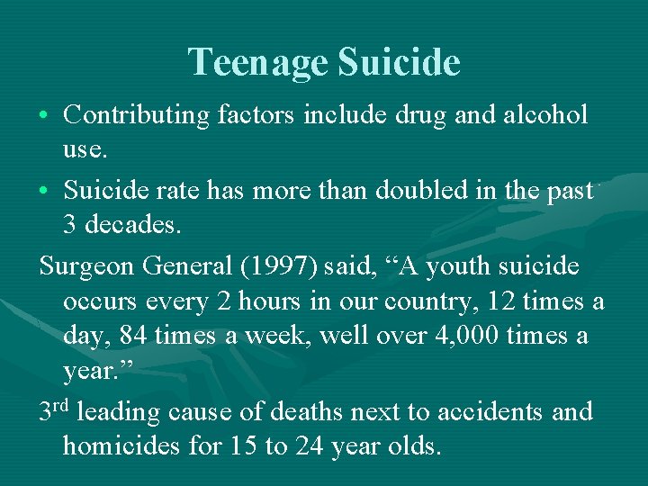 Teenage Suicide • Contributing factors include drug and alcohol use. • Suicide rate has Teenage Suicide • Contributing factors include drug and alcohol use. • Suicide rate has