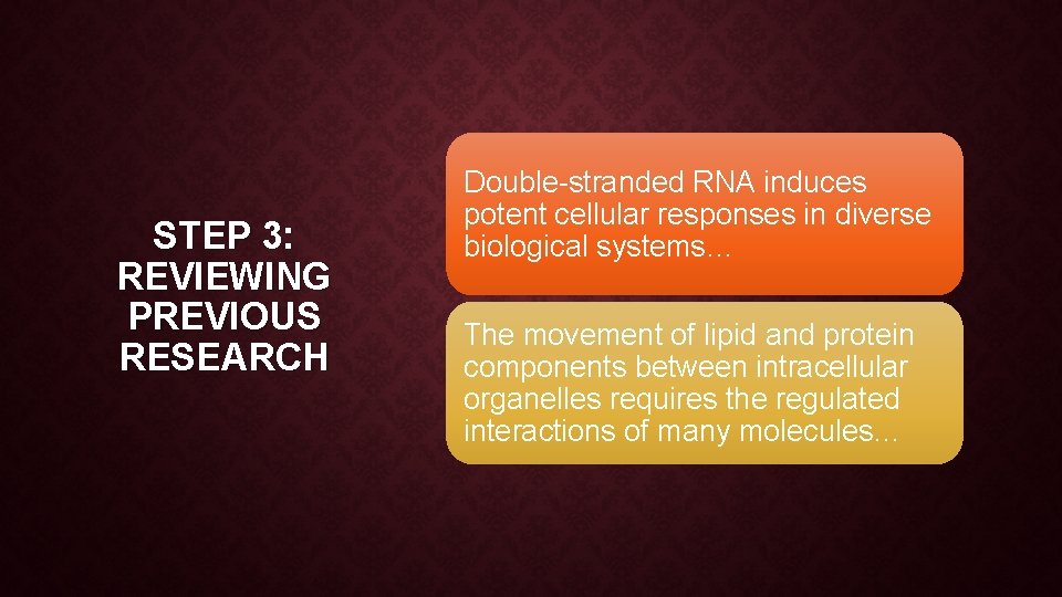 STEP 3: REVIEWING PREVIOUS RESEARCH Double-stranded RNA induces potent cellular responses in diverse biological