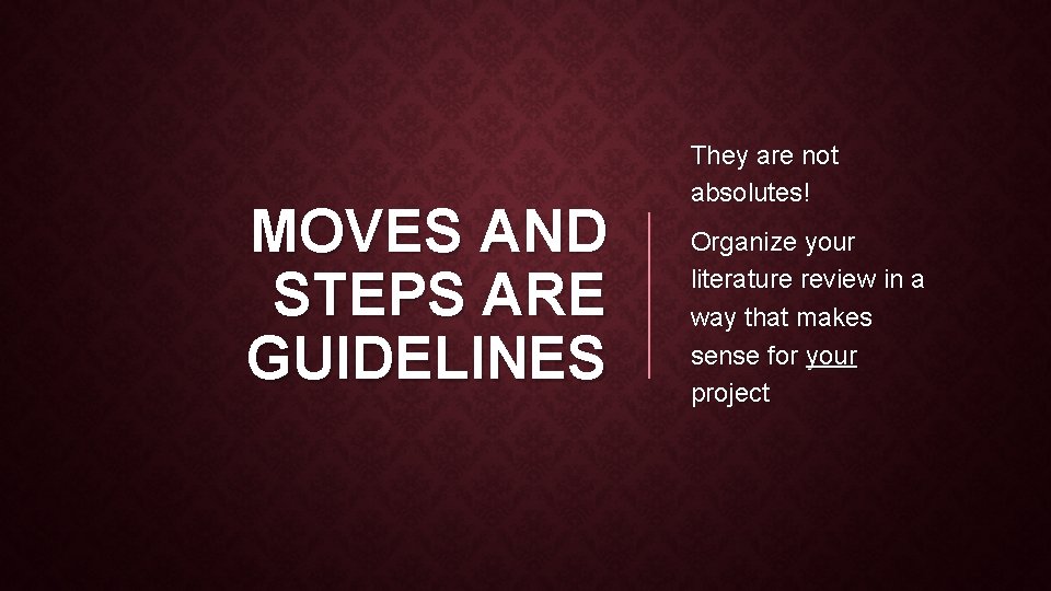 MOVES AND STEPS ARE GUIDELINES They are not absolutes! Organize your literature review in