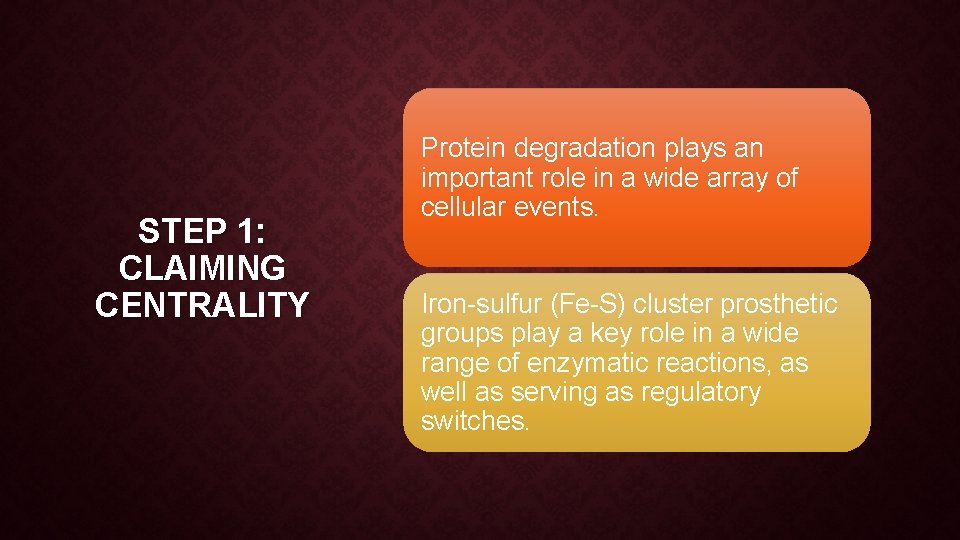 STEP 1: CLAIMING CENTRALITY Protein degradation plays an important role in a wide array