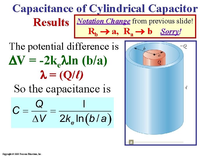 Capacitance of Cylindrical Capacitor Results Notation Change from previous slide! Rb a, Ra b Capacitance of Cylindrical Capacitor Results Notation Change from previous slide! Rb a, Ra b