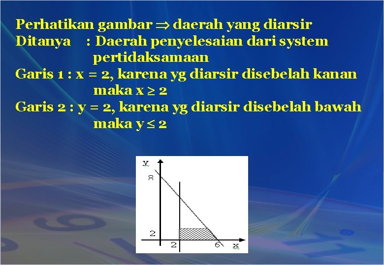 Perhatikan gambar daerah yang diarsir Ditanya : Daerah penyelesaian dari system pertidaksamaan Garis 1