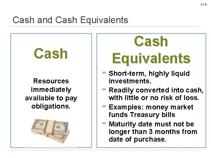 21 -5 Cash and Cash Equivalents Cash Resources immediately available to pay obligations. Short-term,