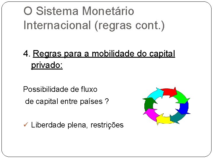 O Sistema Monetário Internacional (regras cont. ) 4. Regras para a mobilidade do capital