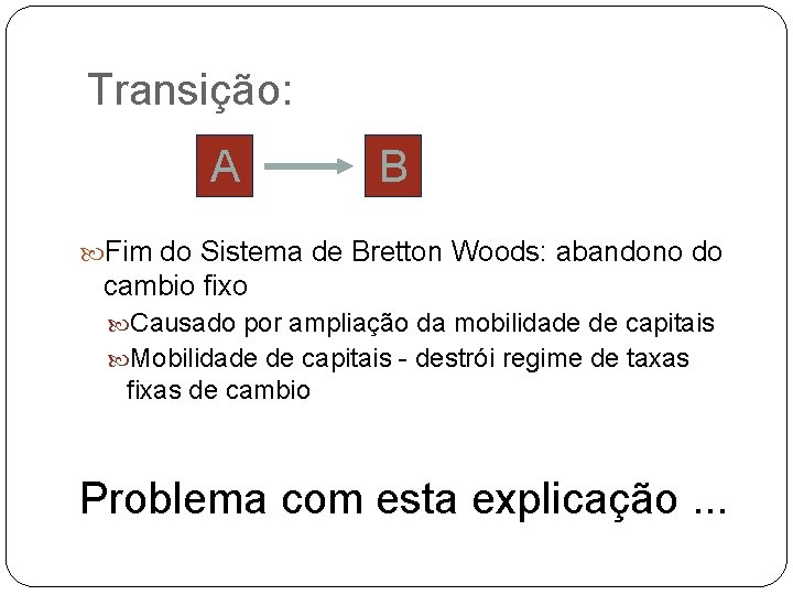 Transição: A B Fim do Sistema de Bretton Woods: abandono do cambio fixo Causado