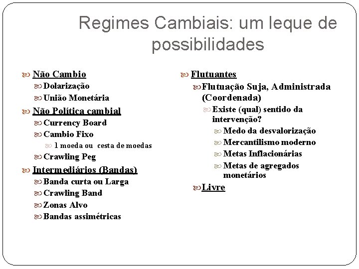 Regimes Cambiais: um leque de possibilidades Não Cambio Dolarização União Monetária Não Política cambial