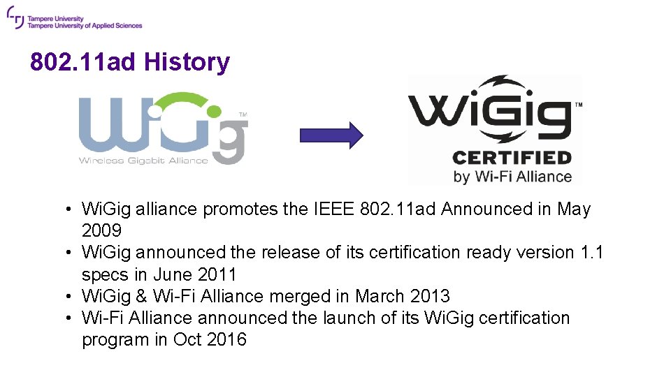 802. 11 ad History • Wi. Gig alliance promotes the IEEE 802. 11 ad