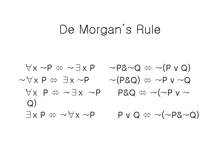 De Morgan’s Rule ∀x ~P ~∃x P ~P&~Q ~(P v Q) ~∀x P ∃x De Morgan’s Rule ∀x ~P ~∃x P ~P&~Q ~(P v Q) ~∀x P ∃x