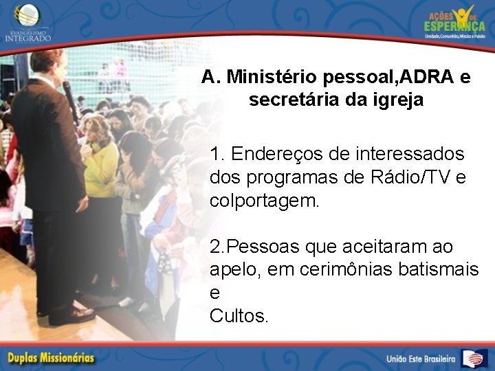 A. Ministério pessoal, ADRA e secretária da igreja 1. Endereços de interessados programas de